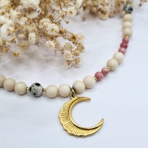 Necklace Bell with River Stone, Rhodochrosite and Dalmatian Jasper