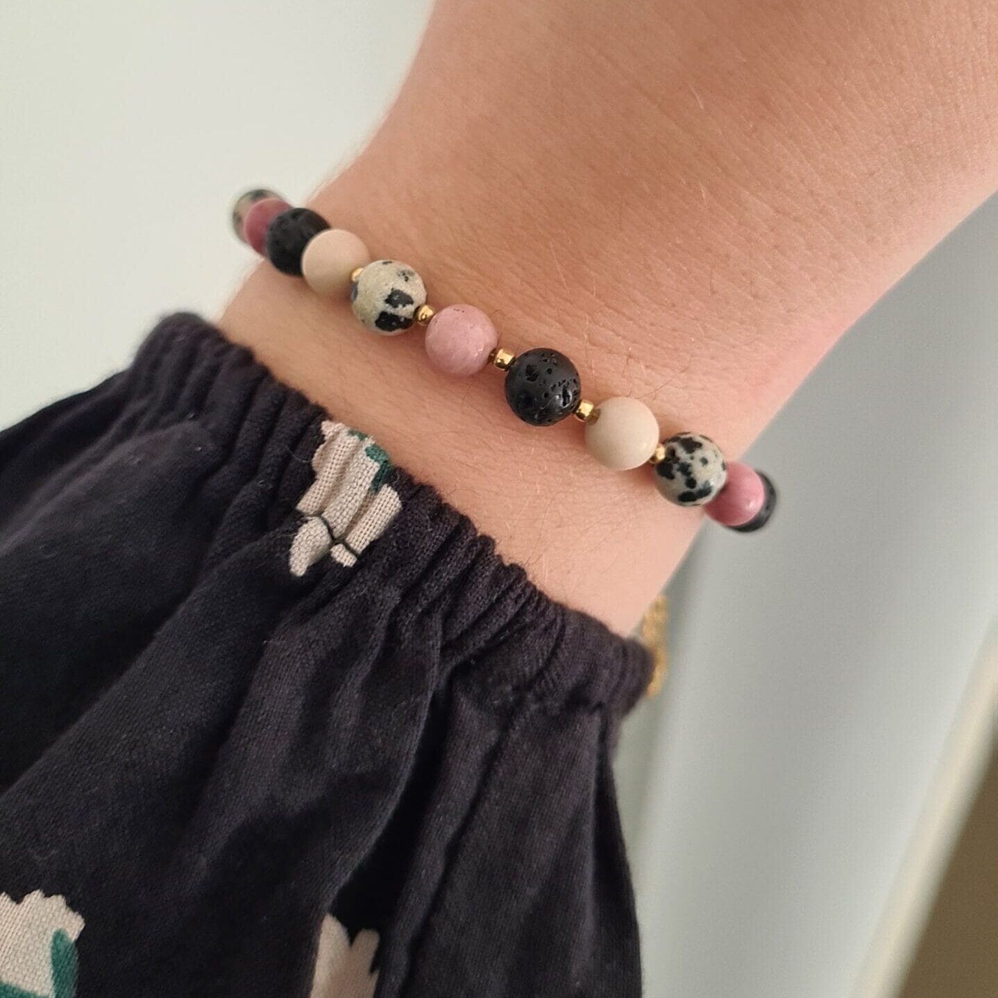 Bracelet Sophie with River Stone, Rhodochrosite, Volcanic Lava and Dalmatian Jasper - Image 2